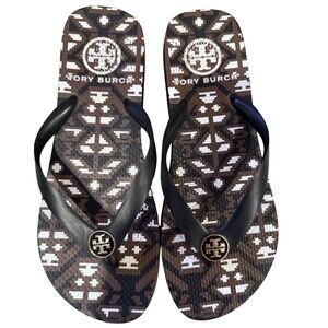 Tory Burch Brown, White & Black Patterned Flip Flops, woman size 8 - look new